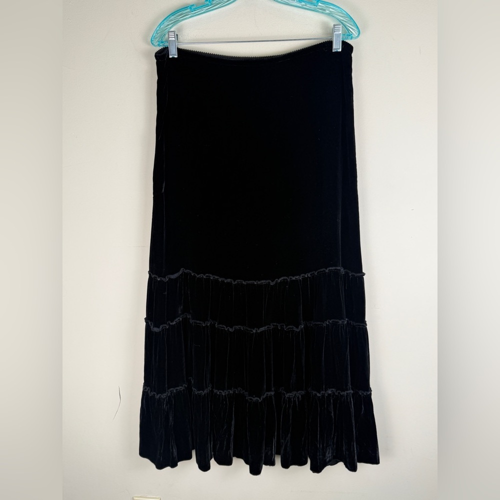 Chicos Velvet Tiered Midi Skirt Size M/8 Black Silk Blend Witchy Goth Holiday